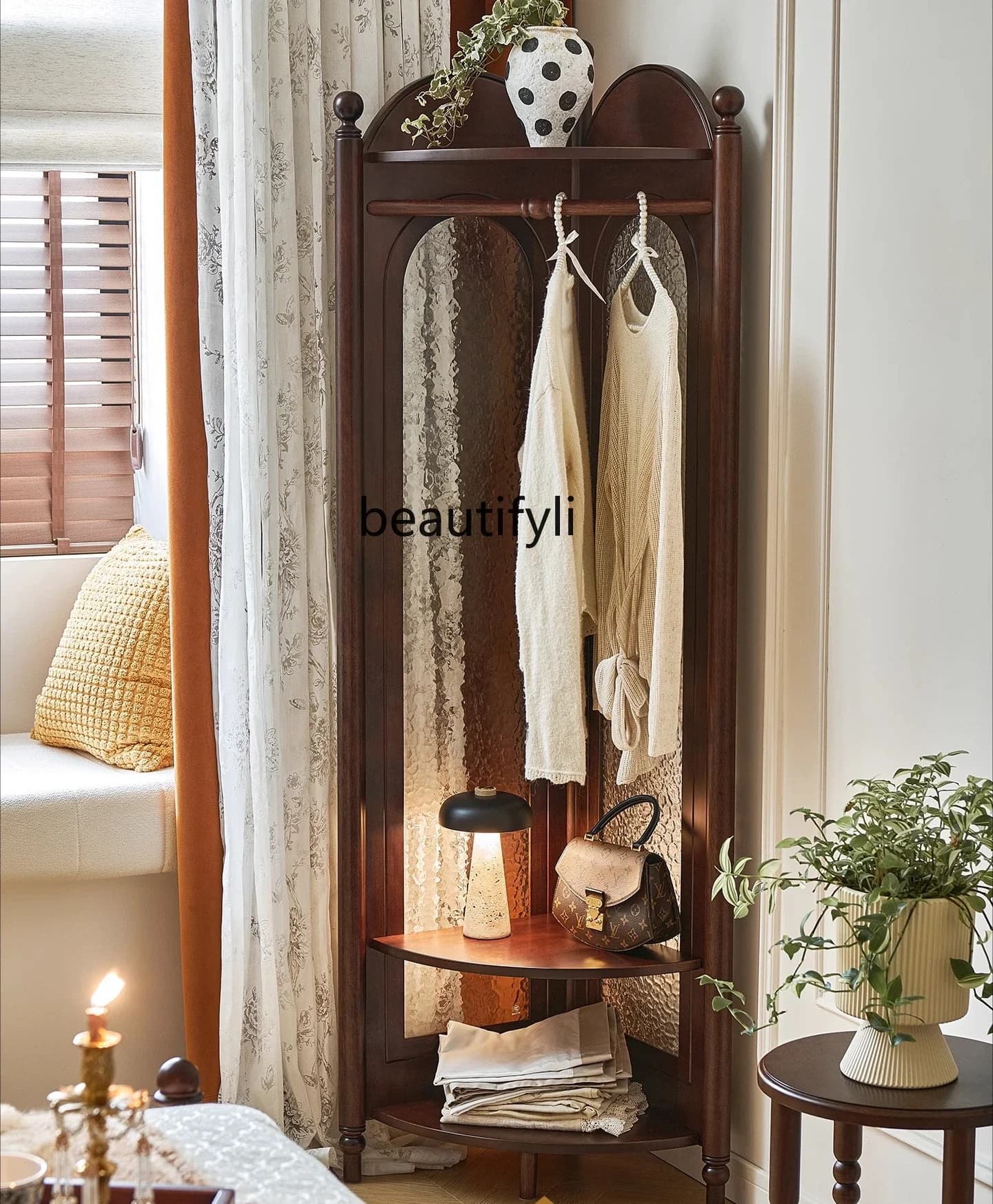 French Style Solid Wood Coat Rack Corner Cabinet Storage Rack Vintage Bedroom 90-Degree Floor-Hanging Clothes Rack