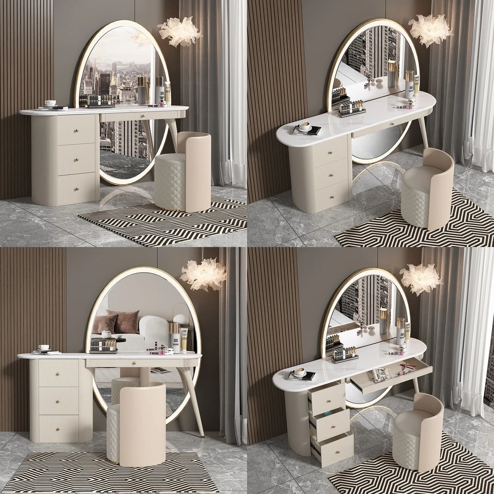 Italian Minimalist Luxury Dressing Table with Stool, Full-Length Mirror & Storage Cabinet, Modern Vanity Set for Bedroom
