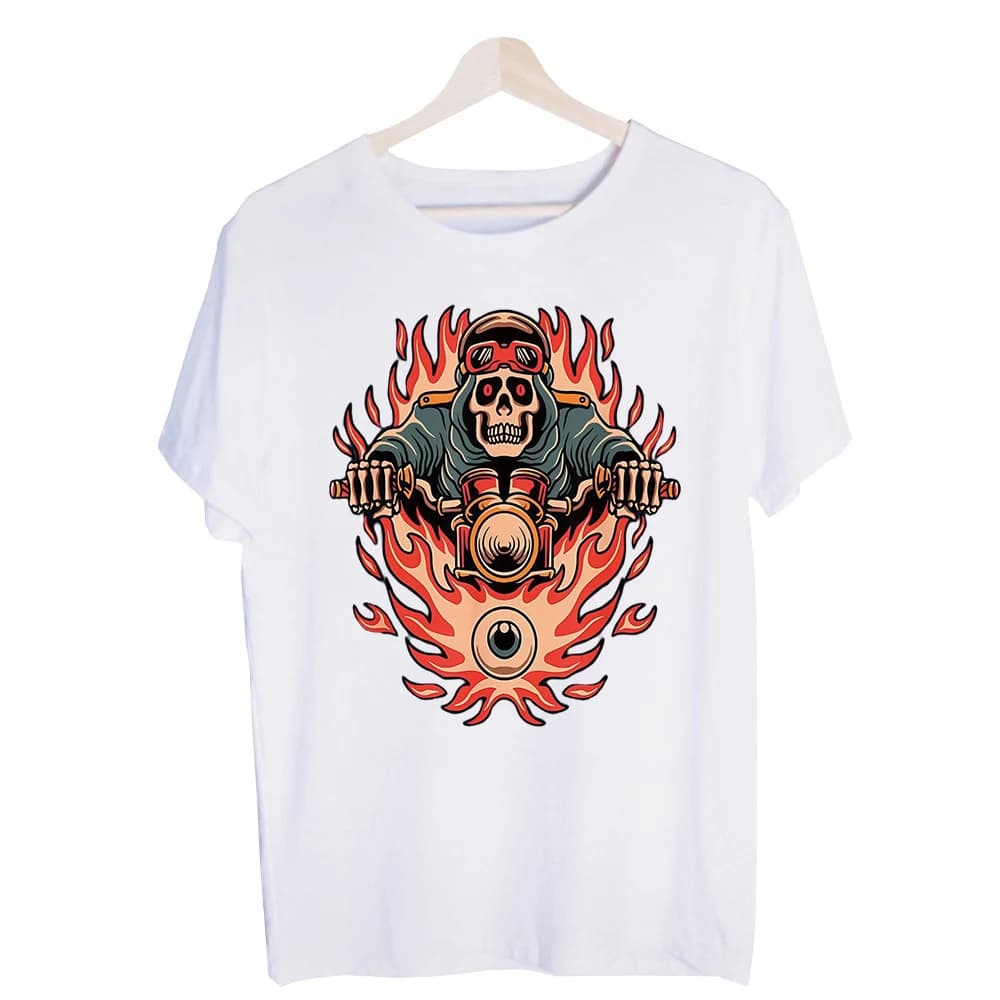 Men's Skull and Flame Motorcycle Graphic Tee, Short Sleeve Streetwear T-Shirt for Casual Daily Wear