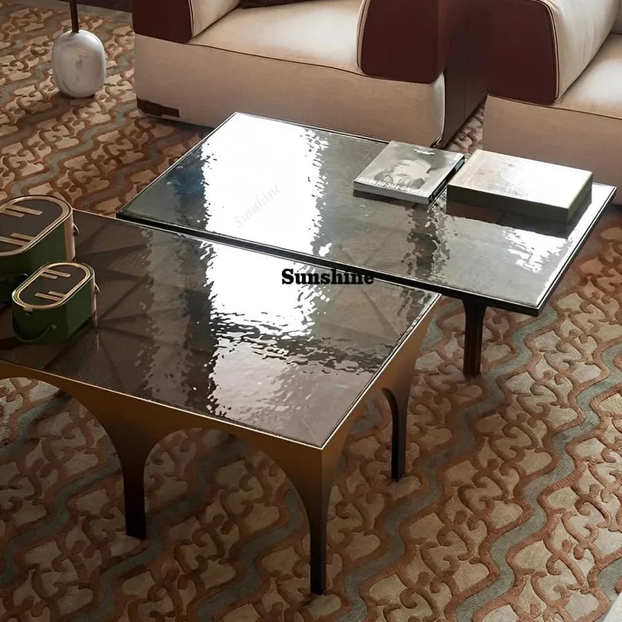 TDItalian light luxury water corrugated glass coffee table, living room household stainless steel square, tea table