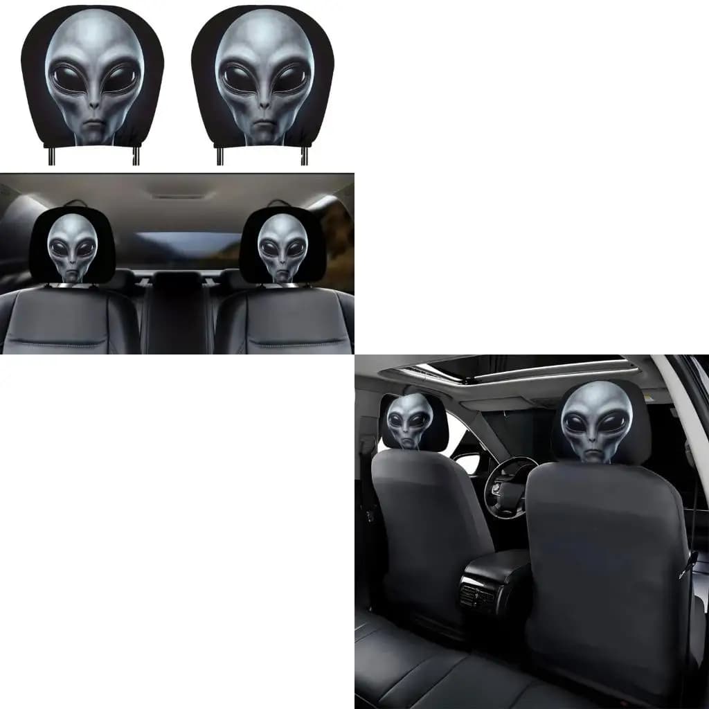 XA6H Car Headrest Covers With Alien Faces Funny Theme Comfortable Washable Fabric