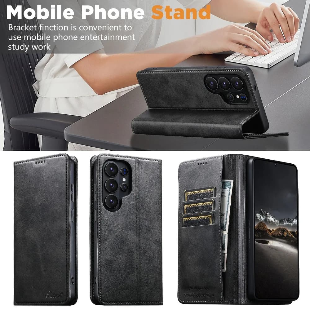 Solid Color Leather Magnetic Flip Phone Cover for Samsung Galaxy S22 S23 S24 S25 S26 Ultra with Built-in Wallet Card Slots