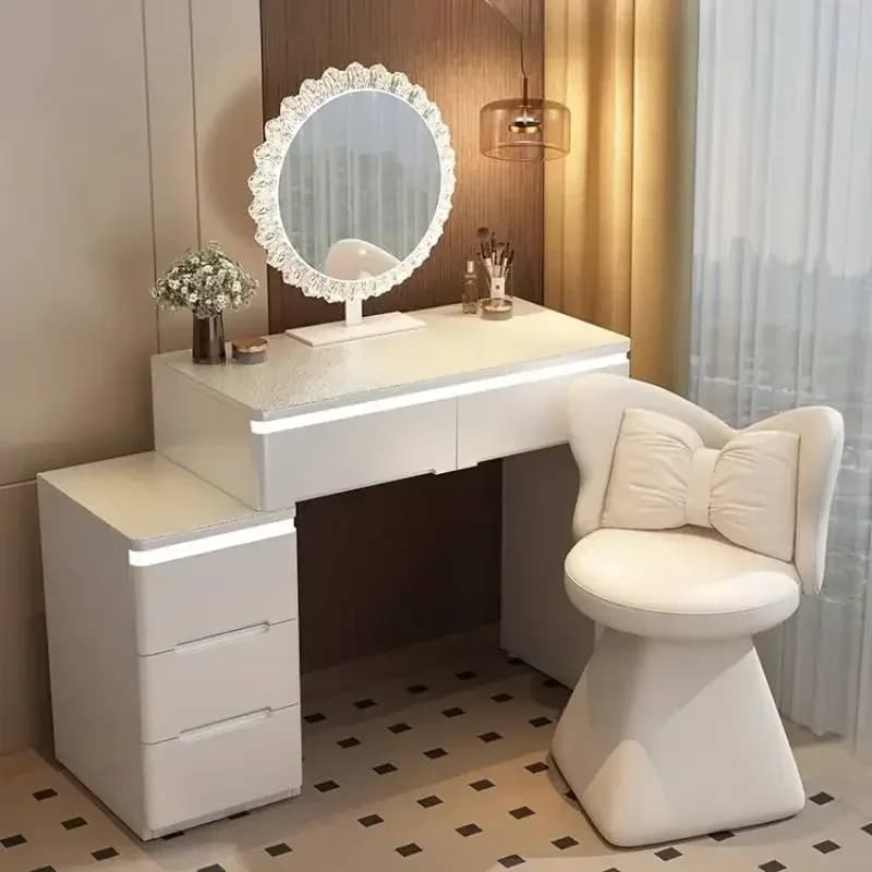 Luxury Storage Makeup Vanity Desk Glossy Hidden Mirror White Makeup Vanity Desk Modern Europa Komody Master Bedroom Furniture