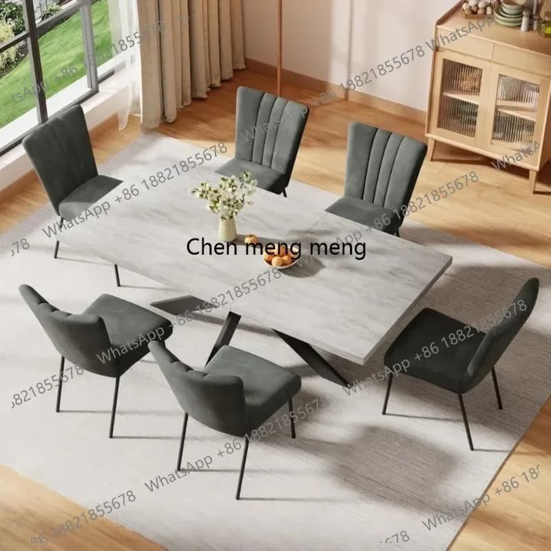RR Extendable Dining Table Set, Modern 51''–67'' Grey Wood Table with 6 Black Fabric Chairs, Dining Room Table Customized