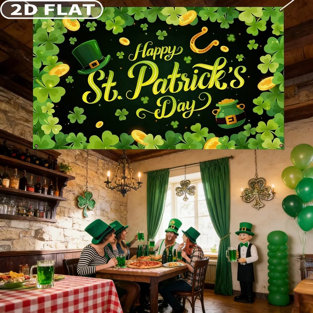 2D FLAT 1pc St. Patrick’s Day banner, 43.3x70.87 Inch Polyester Clover Backdrop Irish Shamrock Leaves Party Supplies