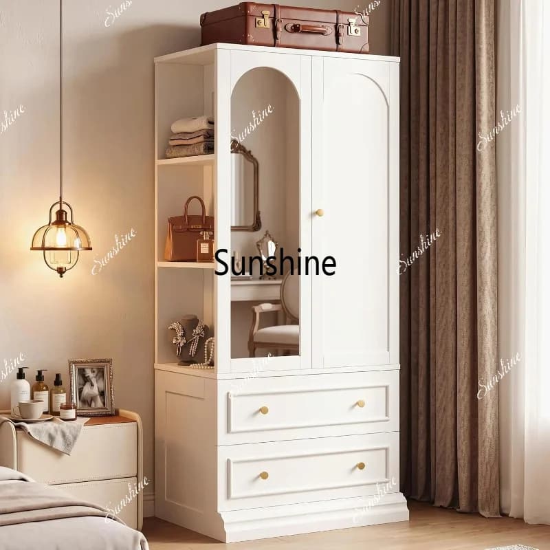 YFreestanding Wood Wardrobe Closet Cabinet With Full Length Mirror, Bedroom Armoire Clothing Organizer With Smooth Drawers And S