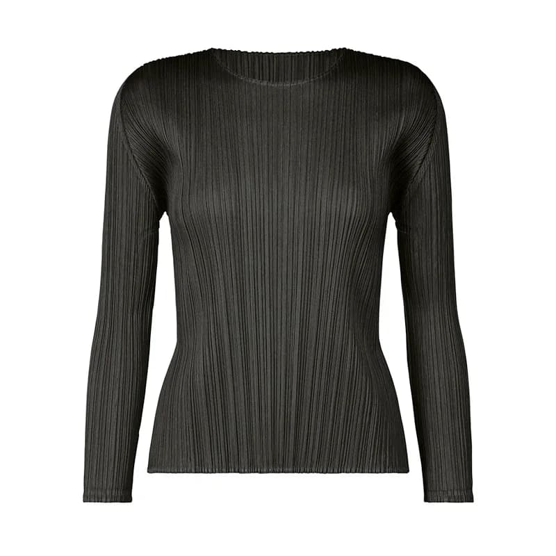 ISSEY Basic Classic Style Ruffled Round-neck Solid Color Slim-Fitting Long-Sleeved Shirt T-Shirt