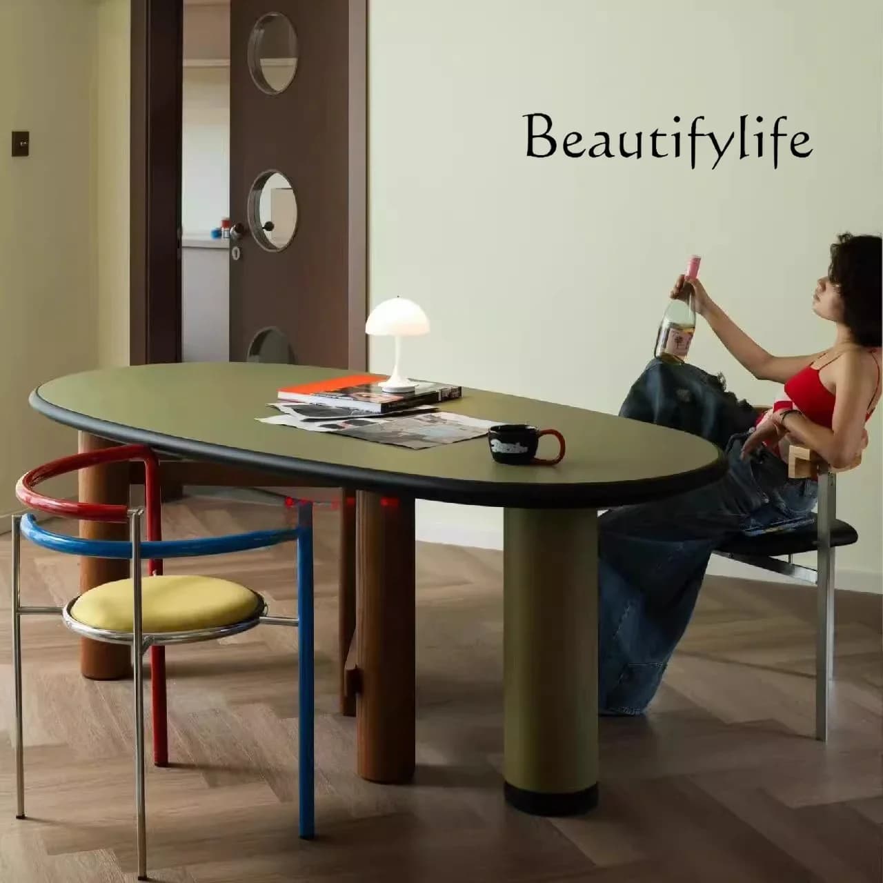 M Contrasting Color Dining Table Middle Ancient Wabi Wind Special-shaped Oval Solid Wood Green Ash Wood Household Dining Table