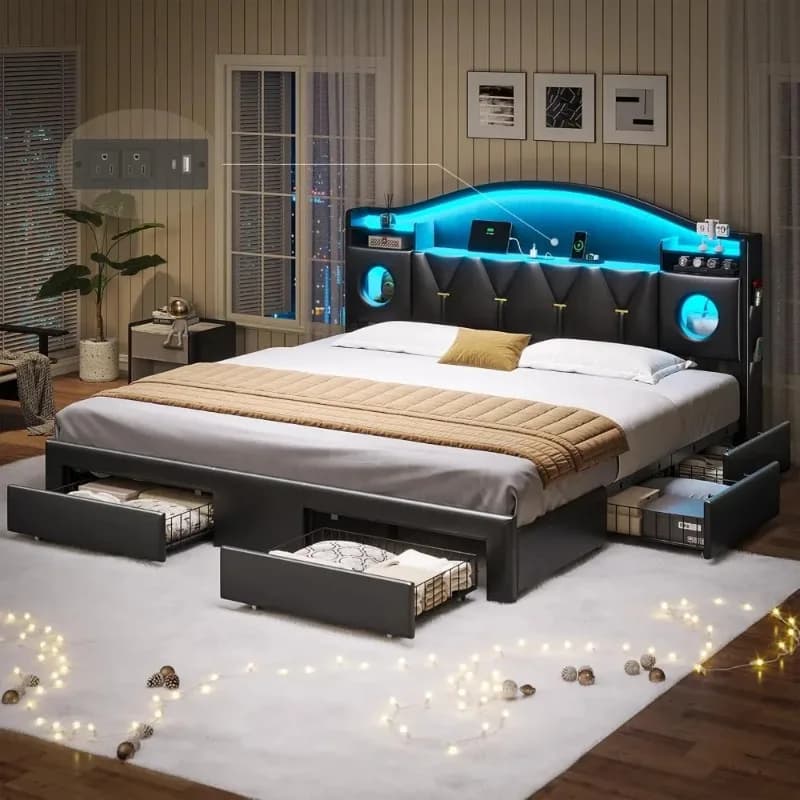 King Size Bed Frame,Platform Bed Frame King Size with 6 Storage Drawers & Headboard,King Bed with LED Lights&Charging