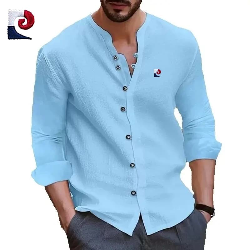 New men's high-quality retro cotton long sleeved shirt, trendy, casual, breathable, cool POLO shirt top