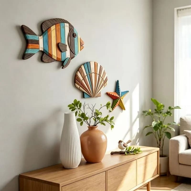 Coastal Wooden Wall Decor Set, Fish Shell Starfish Wood Wall Art, for Home Bedroom Living Room Decoration（3Pcs）.