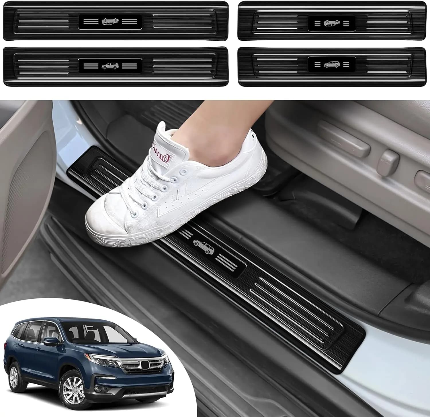 Door Sill Protector for Honda Pilot 2016-2022 Accessories Stainless Steel Material Black Brushed Car Door Threshold Protection