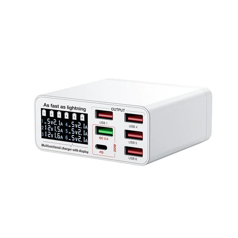 896X 6-port USB Charger With LCD Display Fast Charger USB Smart Fast Charging for Mobile Phones/Tablets/Laptops Charger