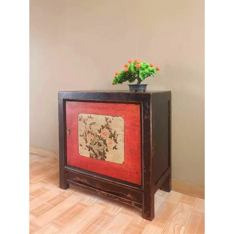 Retro Chinese solid wood dining side cabinet, flower painted locker, living room decorative cabinet