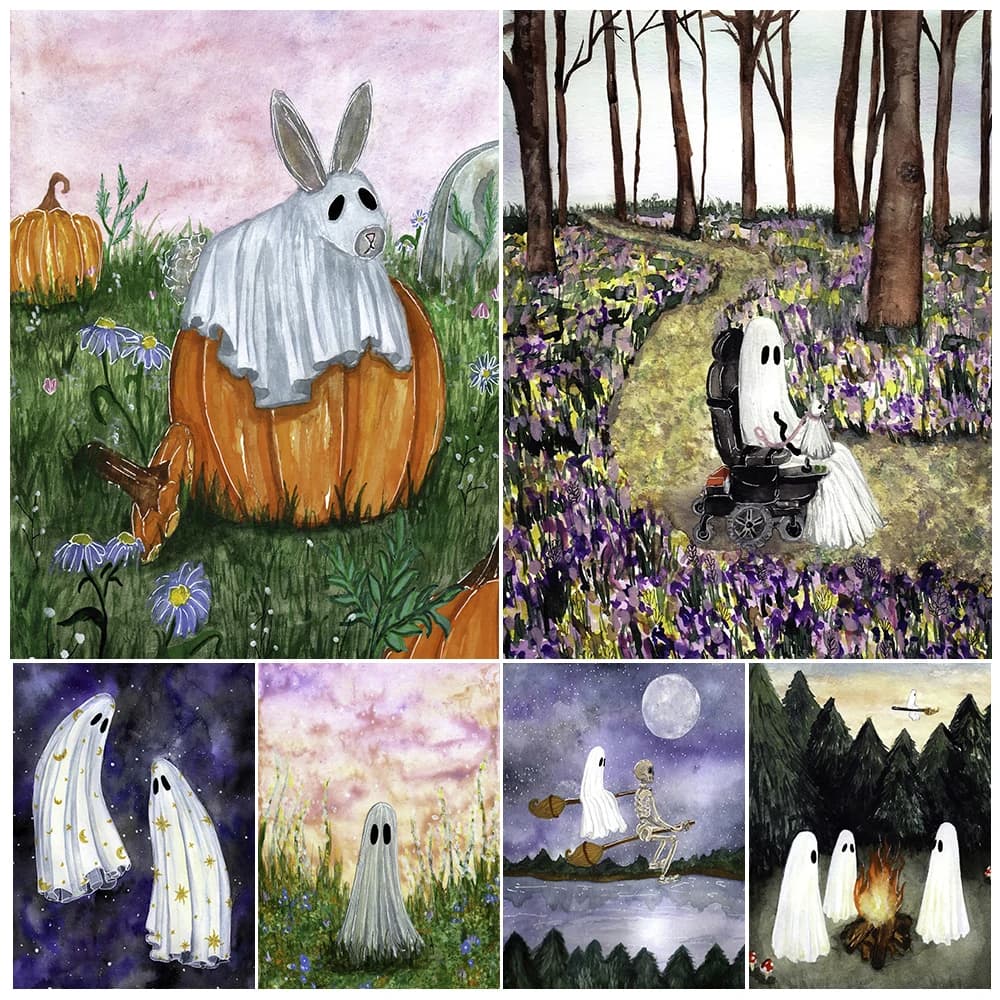 The colourful and happy life of the Ghost,wall art canvas painting Ghosts and dogs on the path between flowers art poster print