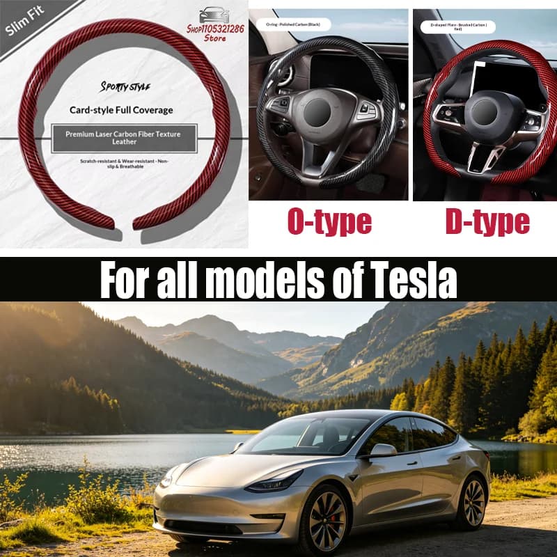 For Tesla Car steering wheel cover with laser carbon fiber pattern four-season anti-slip steering wheel cover with