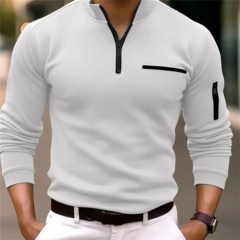 Men's stand-collar half-zip long-sleeved polo shirt, new autumn/winter style casual top with trendy and simple pocket decoration