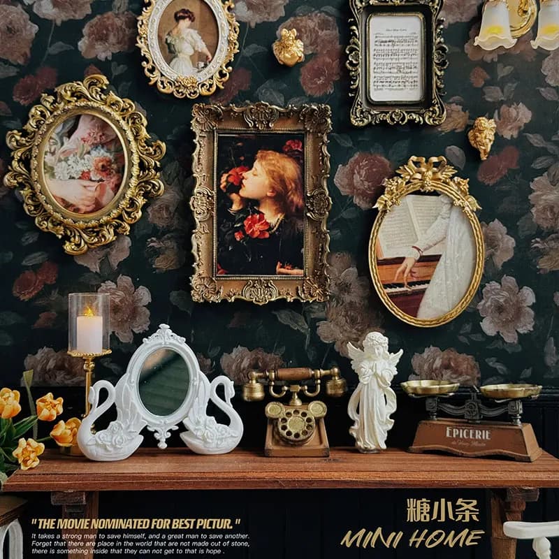 Miniature Photo Frames Retro Decorative Painting Mini Swan Mirror European Style New Diy Miniature Dollhouse Accessories