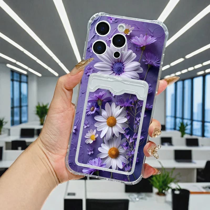 Purple flowers For IPhone 17 Pro Max 16 17 15 7 14 13 Plus 12 Mini 11 XR 16E Air softshell Transparent card pack phone case