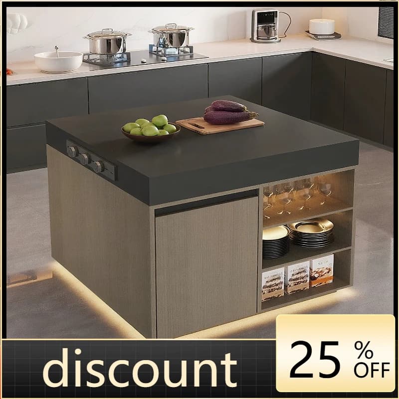 LH rock slab island cabinet individually movable storage independent integrated kitchen dining table