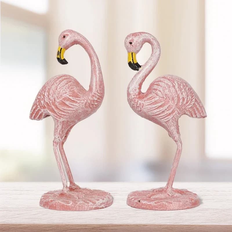 Cast Iron Pink Flamingo Birds Pair Statues 6.5 Inch For Home Indoor Outdoor Garden Tabletop Decor Wrought Iron Standing Flamingo