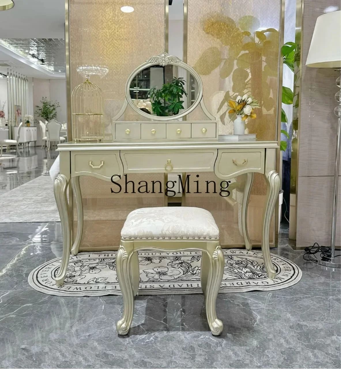 SM Delicate Premium Cream Wind Storage Cabinet Light Luxury Solid Wood Dresser Champagne Gold Dresser Table with Mirror