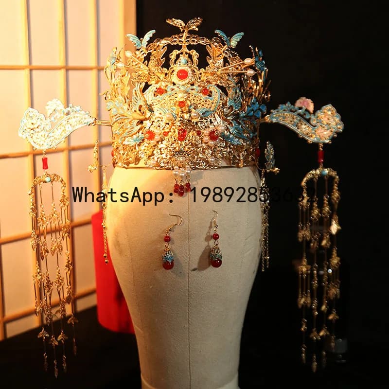 FS Chinese headdress, Hanfu phoenix crown luxury, hair crown atmosphere Bride Ming wedding hair accessories new