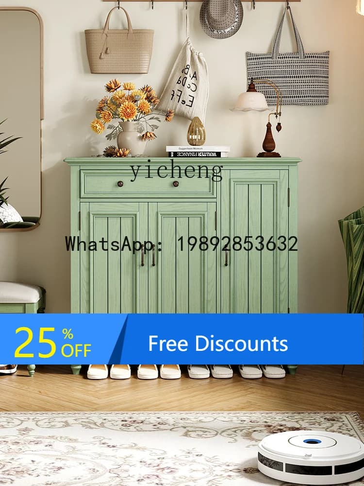 LYY Retro Solid Wood Shoe Cabinet Entrance Storage Cabinet Ash Multi-Layer Entrance Cabinet