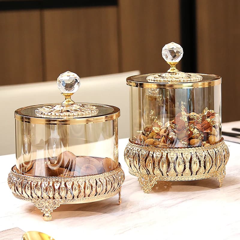 Gold Crystal Glass Storage Jar with Lid, European Coffee Table Candy Jar, Decorative Ornaments, Glass Bottles, Light Luxury