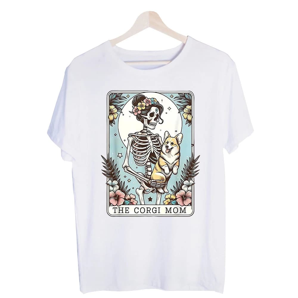 Women's Skeleton and Corgi Graphic Tee, Short Sleeve Crew Neck T-Shirt for Casual Daily Wear and Festival Outfits