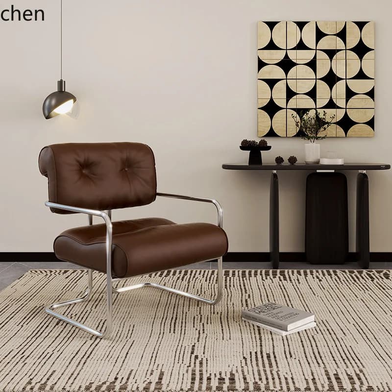 Home Leisure Leather Dining Chair Vintage Cafe Creative Stainless Steel Desk Backrest Stool
