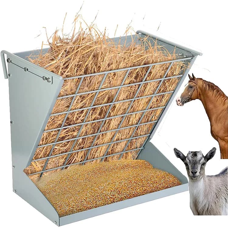 Heavy-Duty 2 in 1 Galvanized Metal Hay and Grain Feeder Wall Mount Hay Rack for Goats Sheep Horse