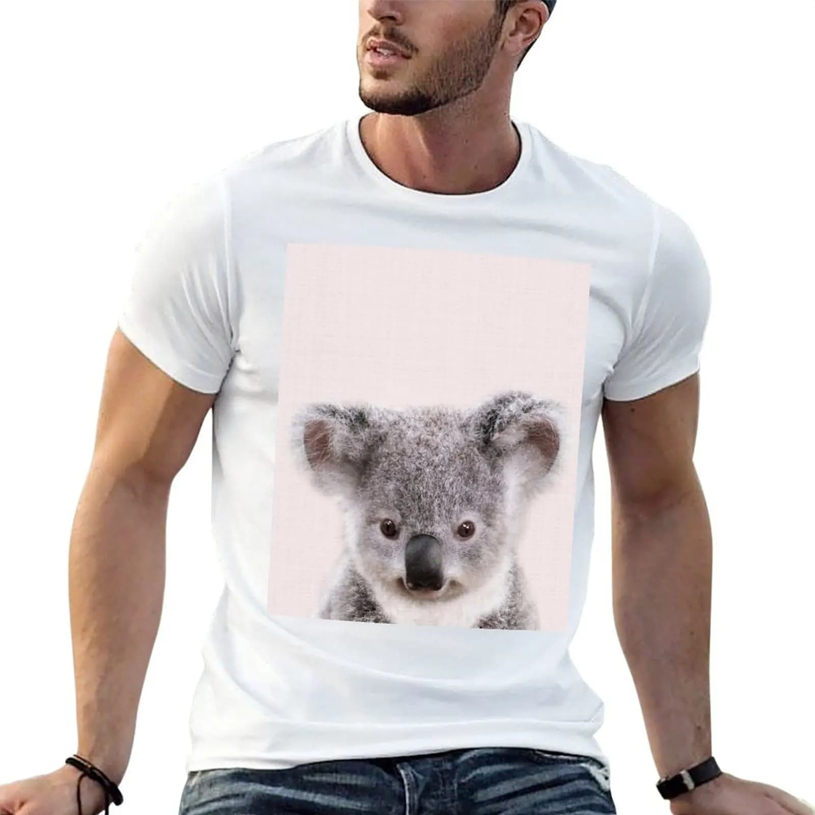 Baby Koala With Pink Background, Baby Animals Art Print by Synplus T-Shirt cotton graphic tees cotton man t-shirts mens clothes