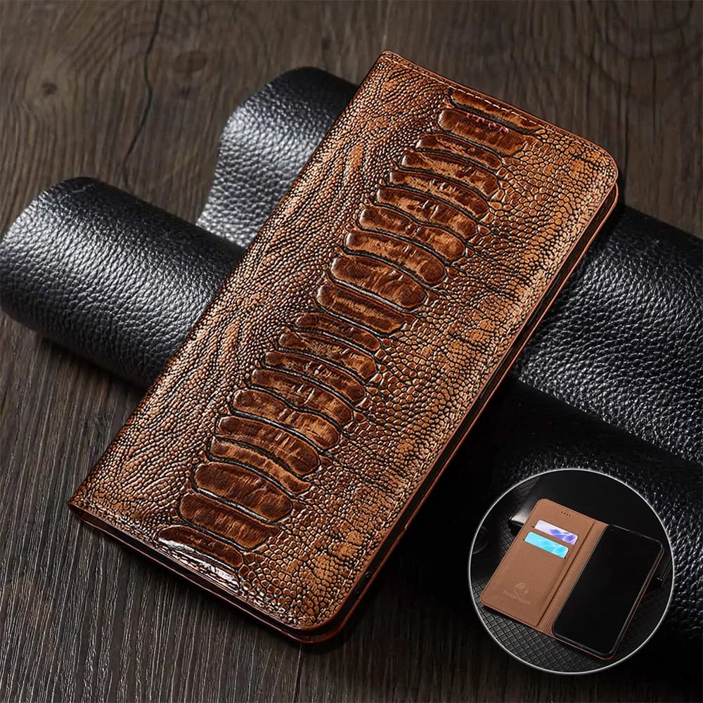 Ostrich Pattern Genuine Leather Flip Case For Oneplus Ace 3 3V 5 6 Pro Racing Ultra Phone Cover Card Cases Scratch Proof