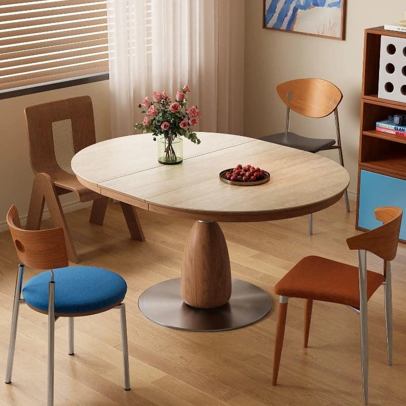 Small apartment retractable oval rock slab dining table cream wind solid wood tables and chairs