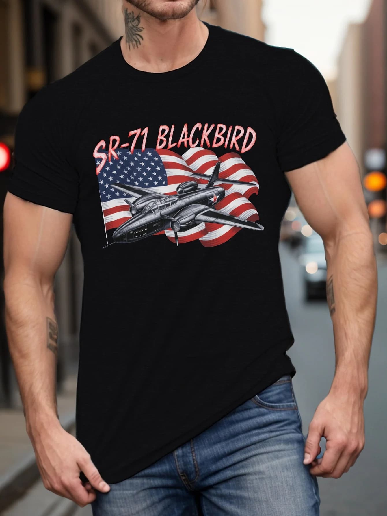 SR-71 Blackbird Patriotic Graphic  - American Flag Design,  100% cotton O-neck short sleeve casual printed pattern T-shirt.