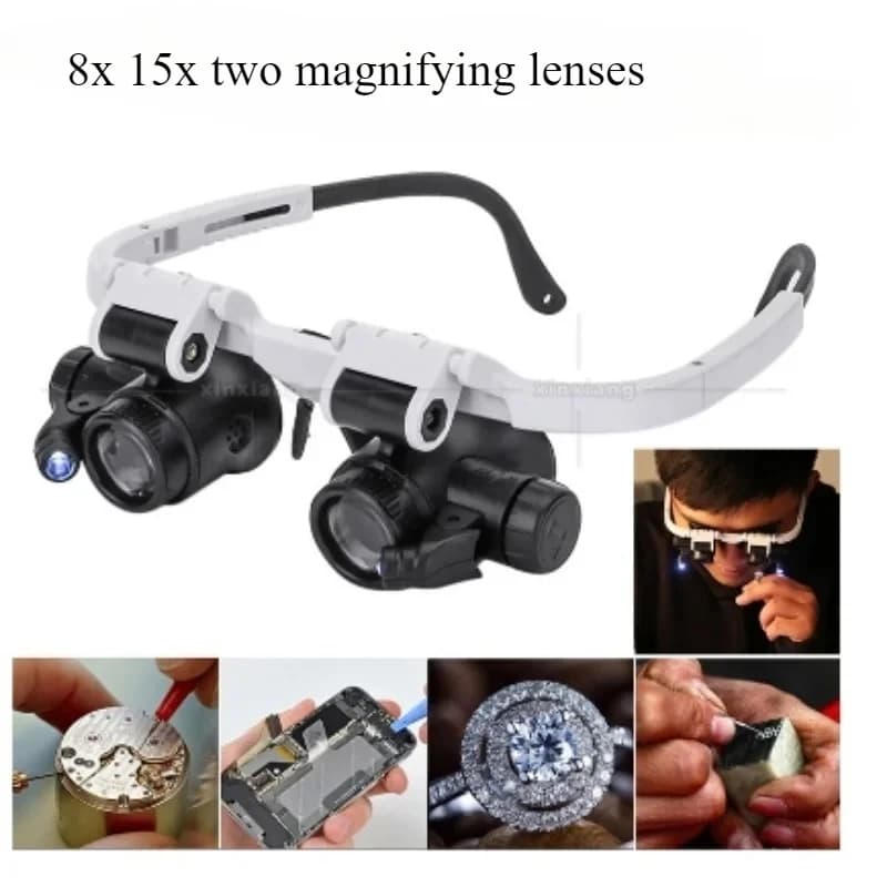 2PCS 8X 15X 23X 2LED Watch Jeweler Repair Magnifier Head-Mounted Headband Adjustable Magnifying Glass with Light Head Eye Loupe