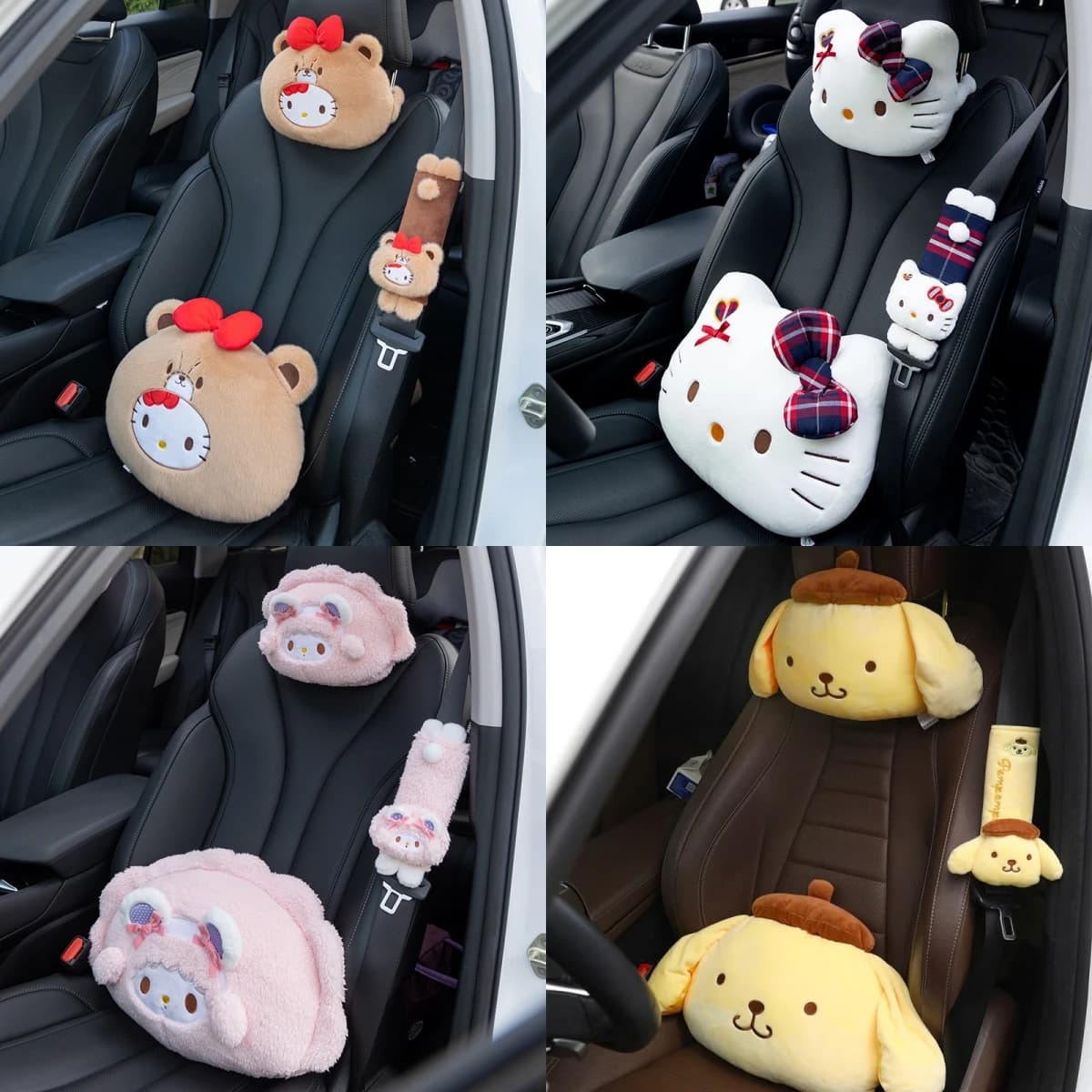 Hello Kitty Car Headrest Pillow Winter Warm Plush Doll Neck & Lumbar Support Cushion Adjustable Car Seat Pillow Seat Belt Cover