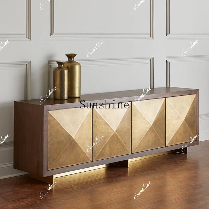 New American solid wood TV cabinet living room stainless steel metal custom floor cabinet  FT