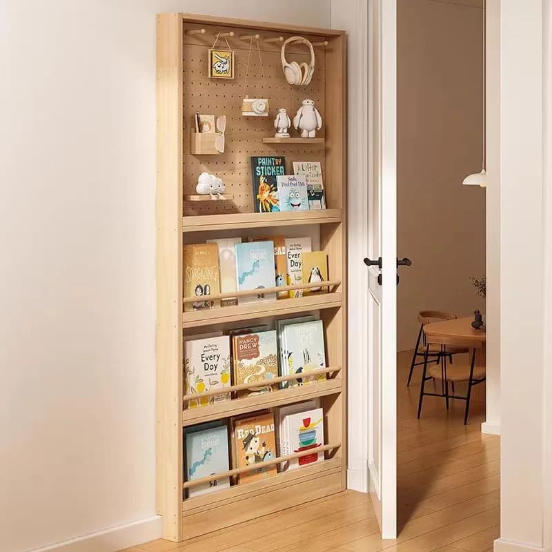 Storage rack, solid wood hole board shelf, small apartment bookshelf behind narrow slit door, multi-layer picture book rack