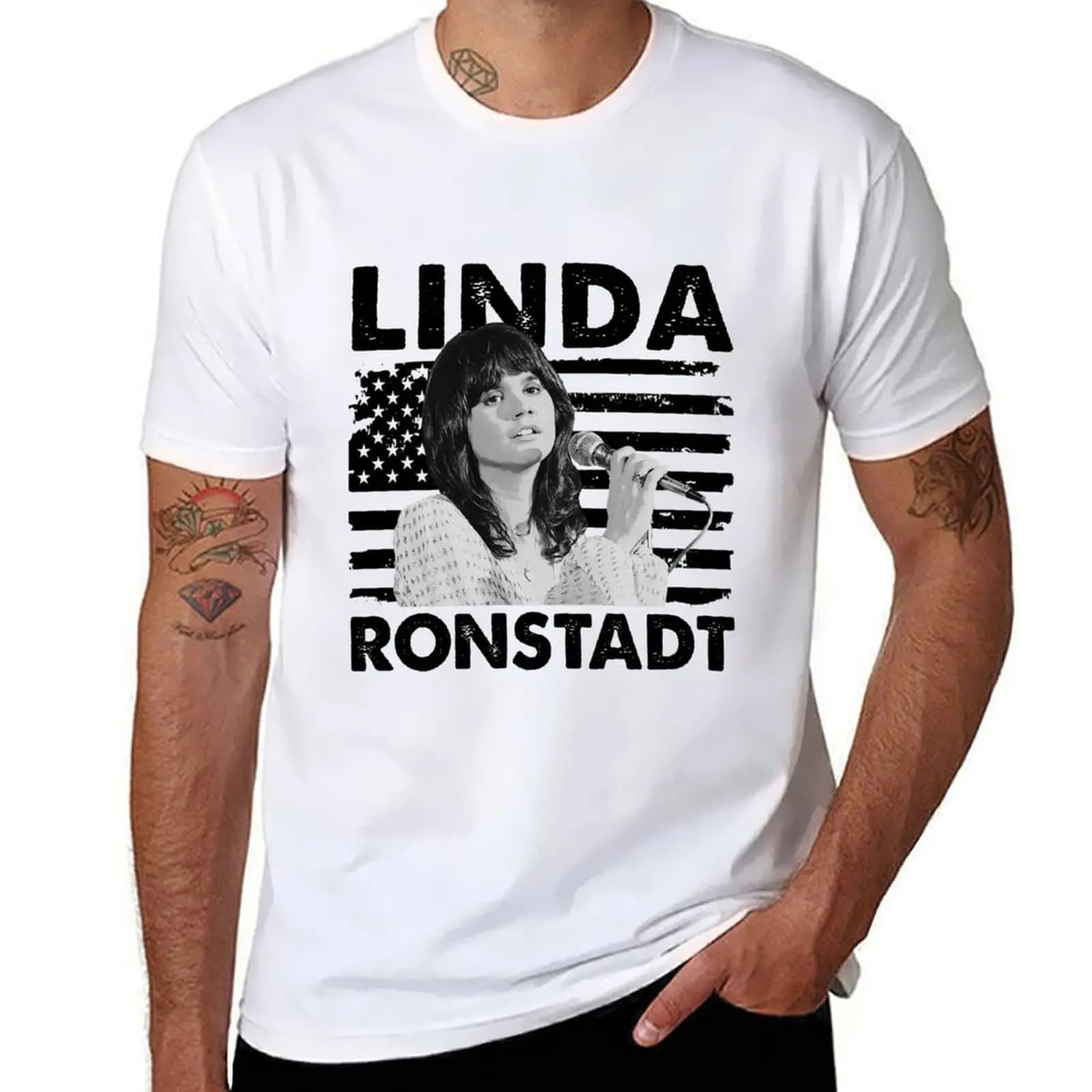 Retro American Flag Linda Ronstadt Music Gift T-Shirt black cotton t-shirt plain for man package T-Shirt