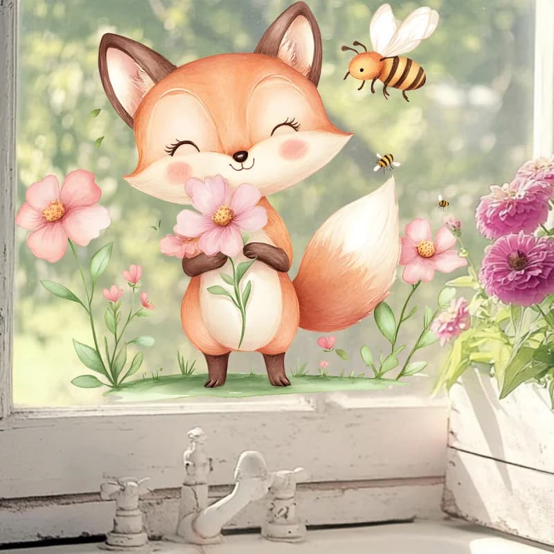 Cute Flower Bee Little Fox Glass Sticker Bedroom Balcony Window Home Decoration Sticker Self-Adhesive Removable