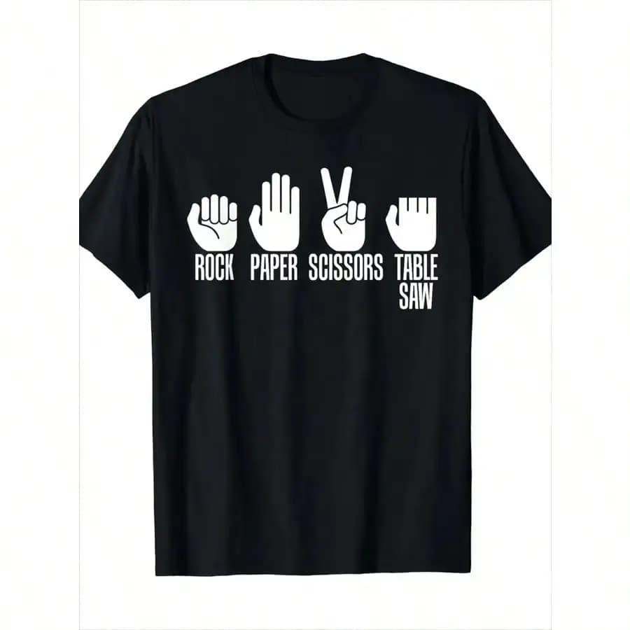 Men's Rock Paper Scissors Table Saw Graphic T-Shirt - Casual Black Cotton Tee, Breathable Short Sleeve Crew Neck