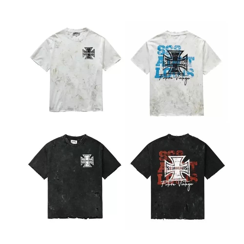 SSSAINT LOUIS Cross Medal Round-neck Pullover Short-Sleeve Vintage Weathered Hole T-Shirt Trendy for Men and Women