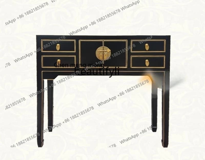 New Chinese-style solid wood black gold-painted entrance table, neoclassical antique computer table