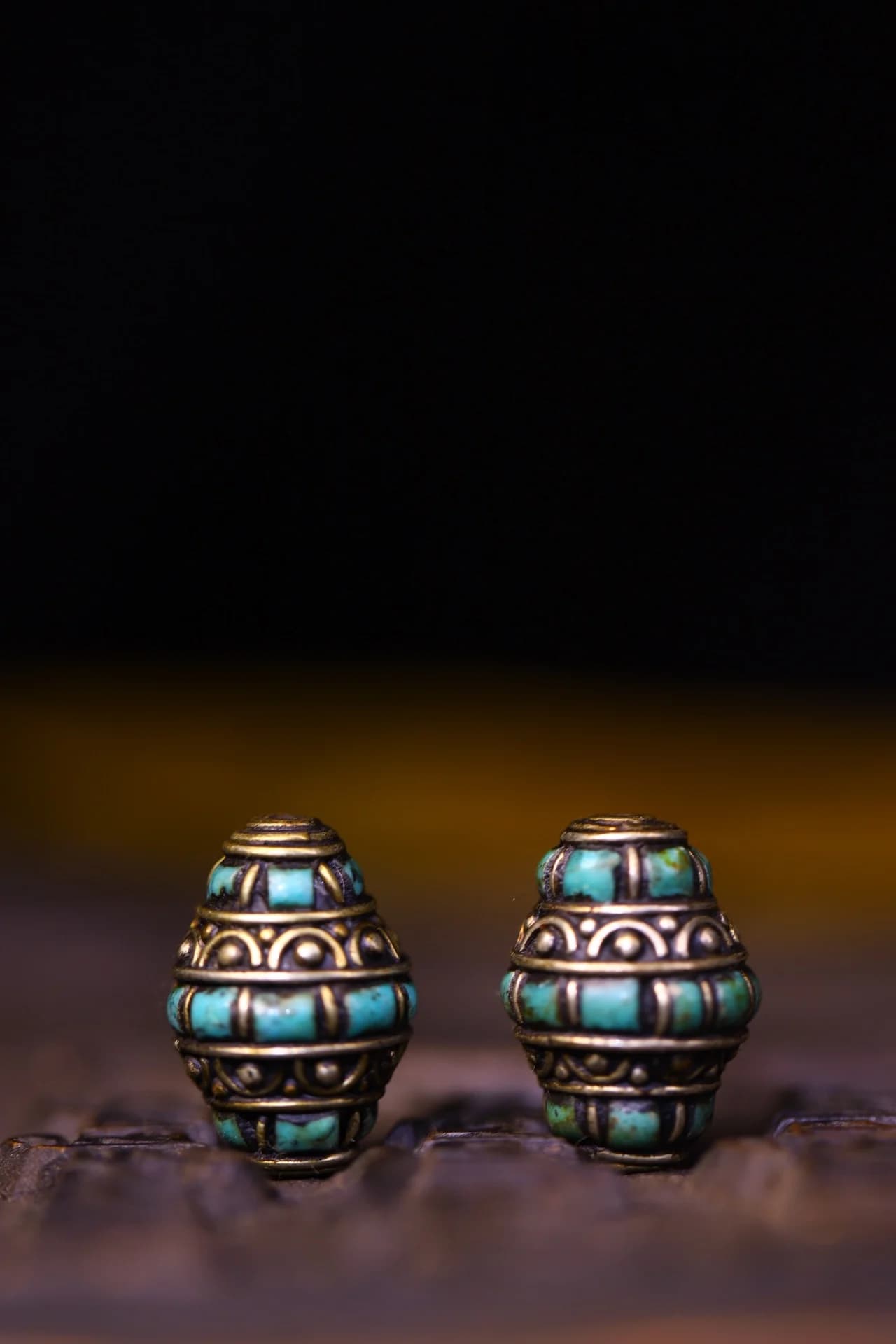 1"Tibetan Temple Collection Old Tibetan silver Gilded Filigree Mosaic Gem Turquoise Buddha Beads A Pair Pendant Amulet Dharma