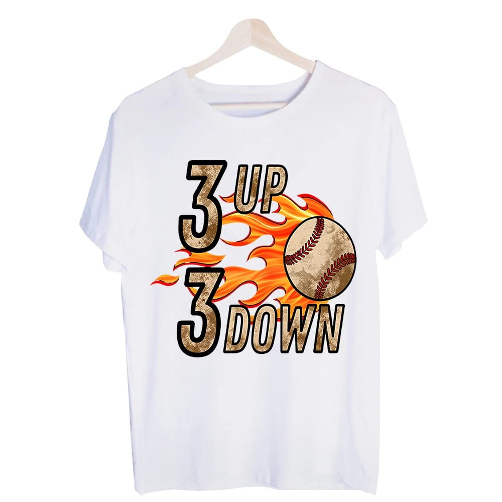 Men's 3 Up 3 Down Baseball Flame Graphic Tee, Short Sleeve Crew Neck T-Shirt for Casual Sports Outfits and Daily Wear