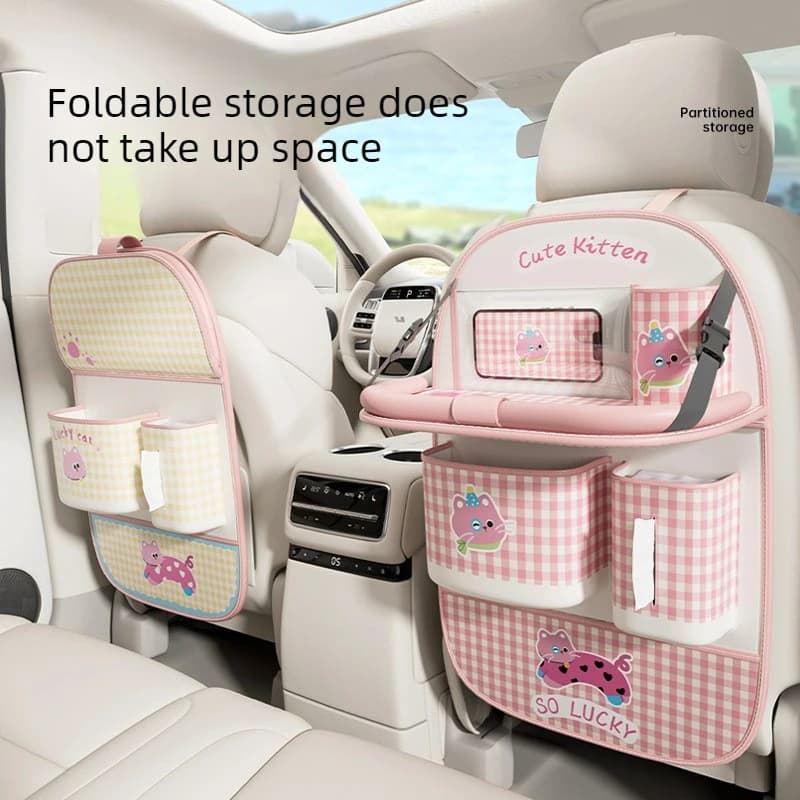 Car Seat Back Organizer With Foldable Table Tray Pu Leather Storage Organizer With Pockets Kick Mats Seat Interior Accessories