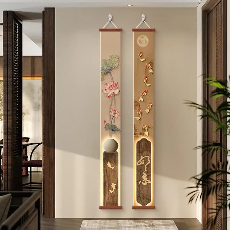 Oriental Aesthetic Wall Art Scroll Koi Fish Slim Vertical scroll Painting for Home Entrance Study Office Aesthetic Room Decor