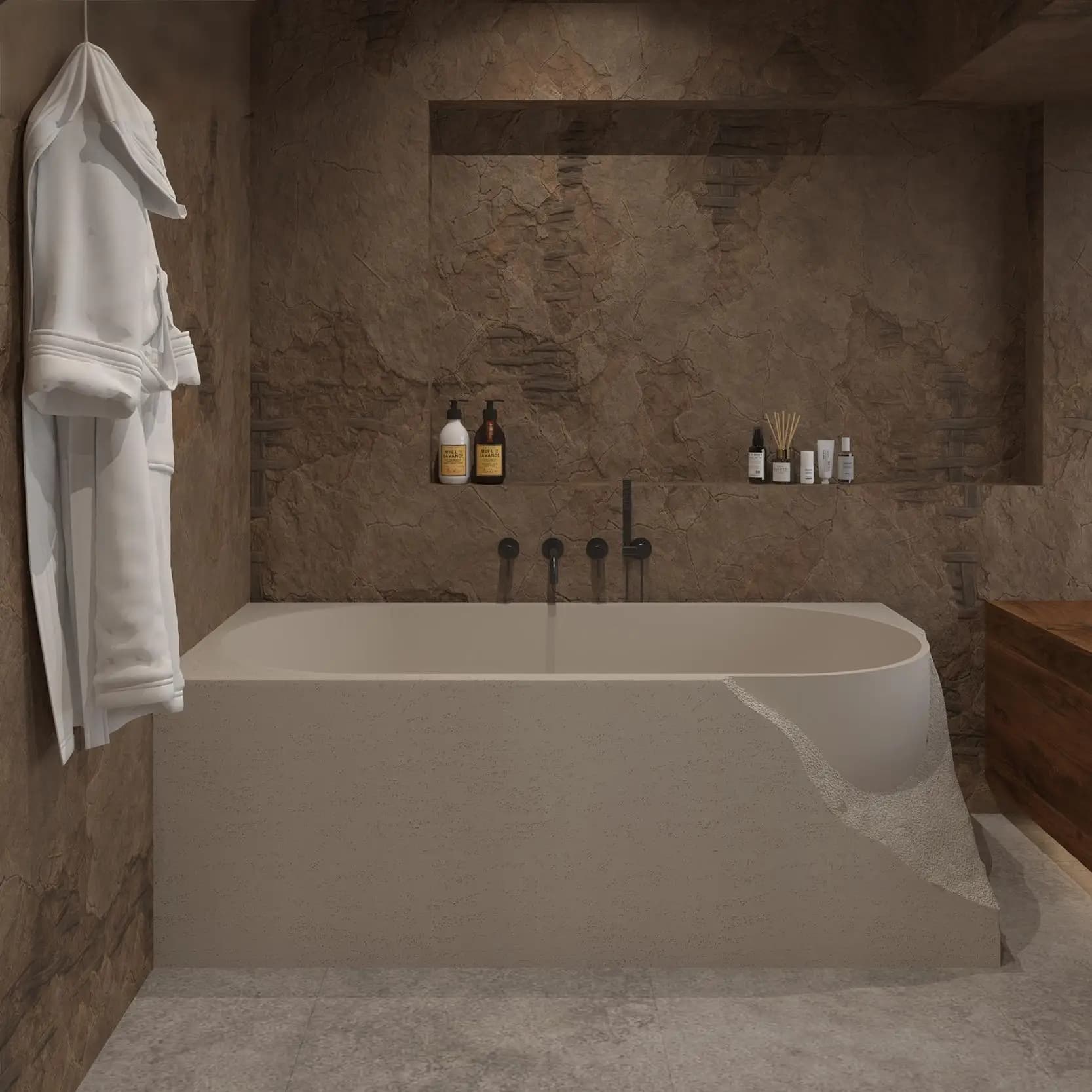Wabi-Sabi Cultured Travertine Bathtub, Asymmetrical Designer Tub for Hotel & Home, Easy-Clean & Heat Retaining, Body Contour